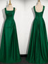 Green Satin Straps Long Evening Dress Prom Dress, Green A-line Floor Length Formal Dress